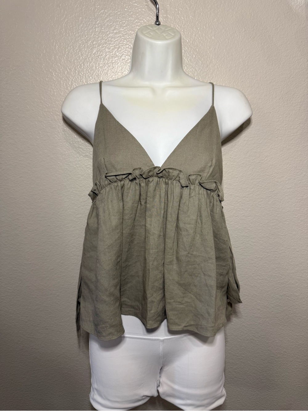 Zara Olive Green Ruffle-Trim Spaghetti Strap Camisole